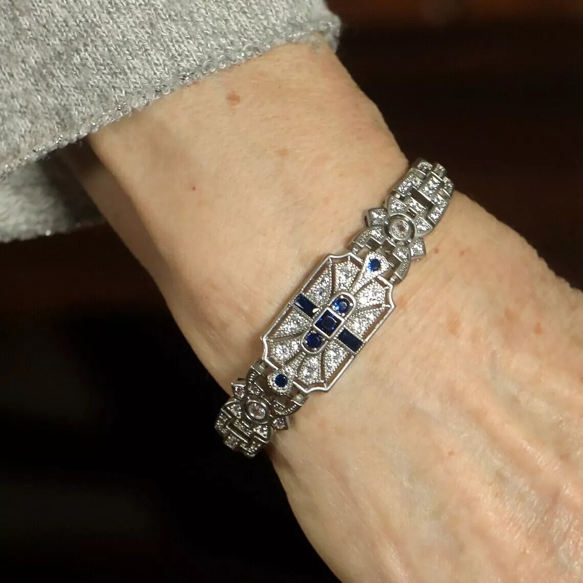 Art Deco Round Cut Moissanite & Sapphire Engagement 925 Sterling SIlver Bracelet