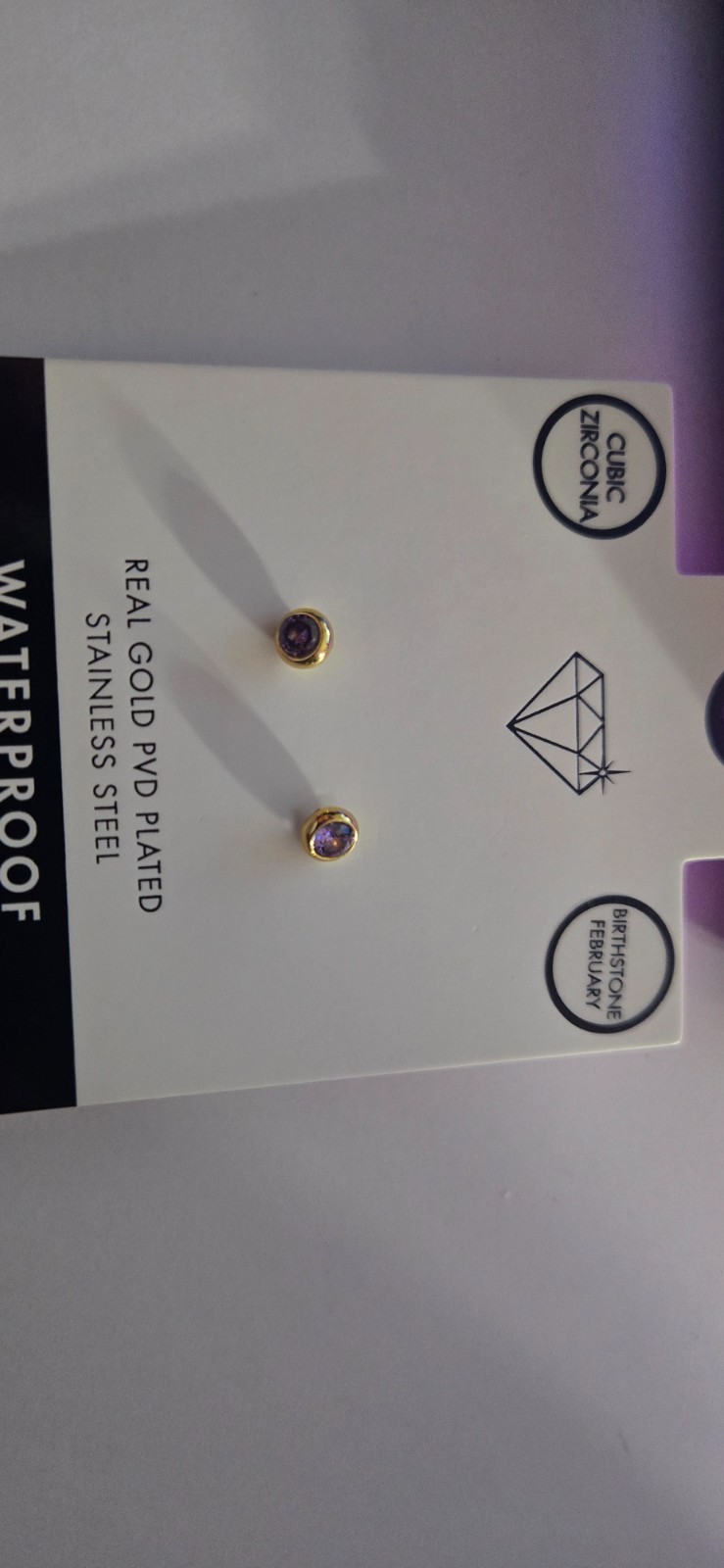 Real Gold PVD Plated Stainless Steel CZ Stud Earrings – February Birthstone Amet