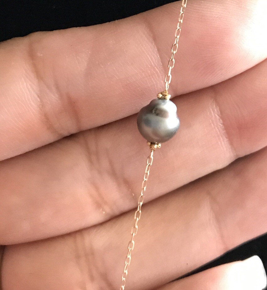 14k Yellow Gold Freshwater Black Gray Pearl Floating Station Necklace Choker 17”