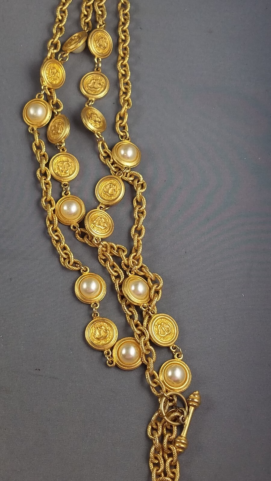 Vtg Designer MISH Signed Gold tone Faux Pearl Long Runway Necklace (A36)