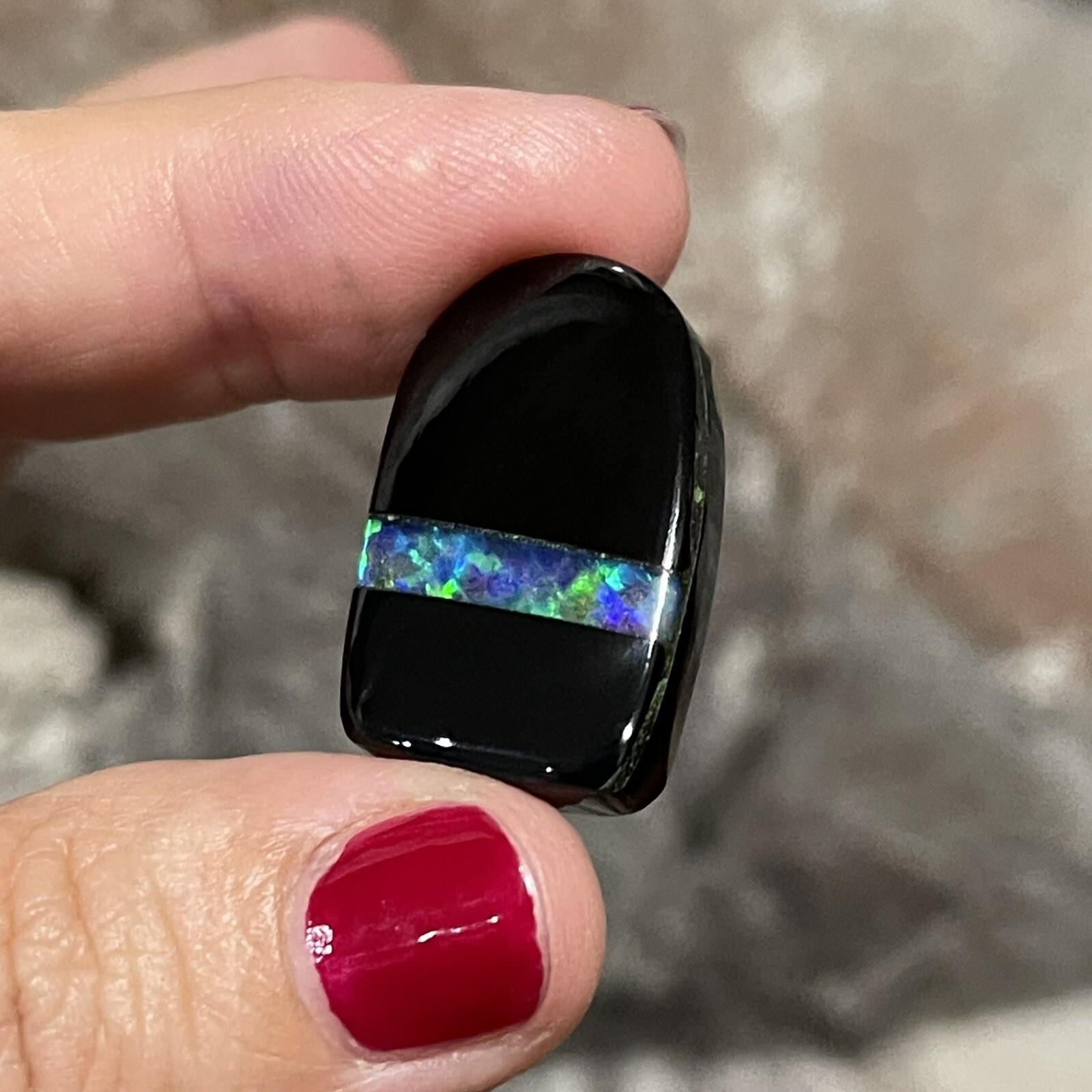 29ct 27.4c17.2×6.2mm Black Onyx And Lab Created Opal Inlay Intarsia Cabochon