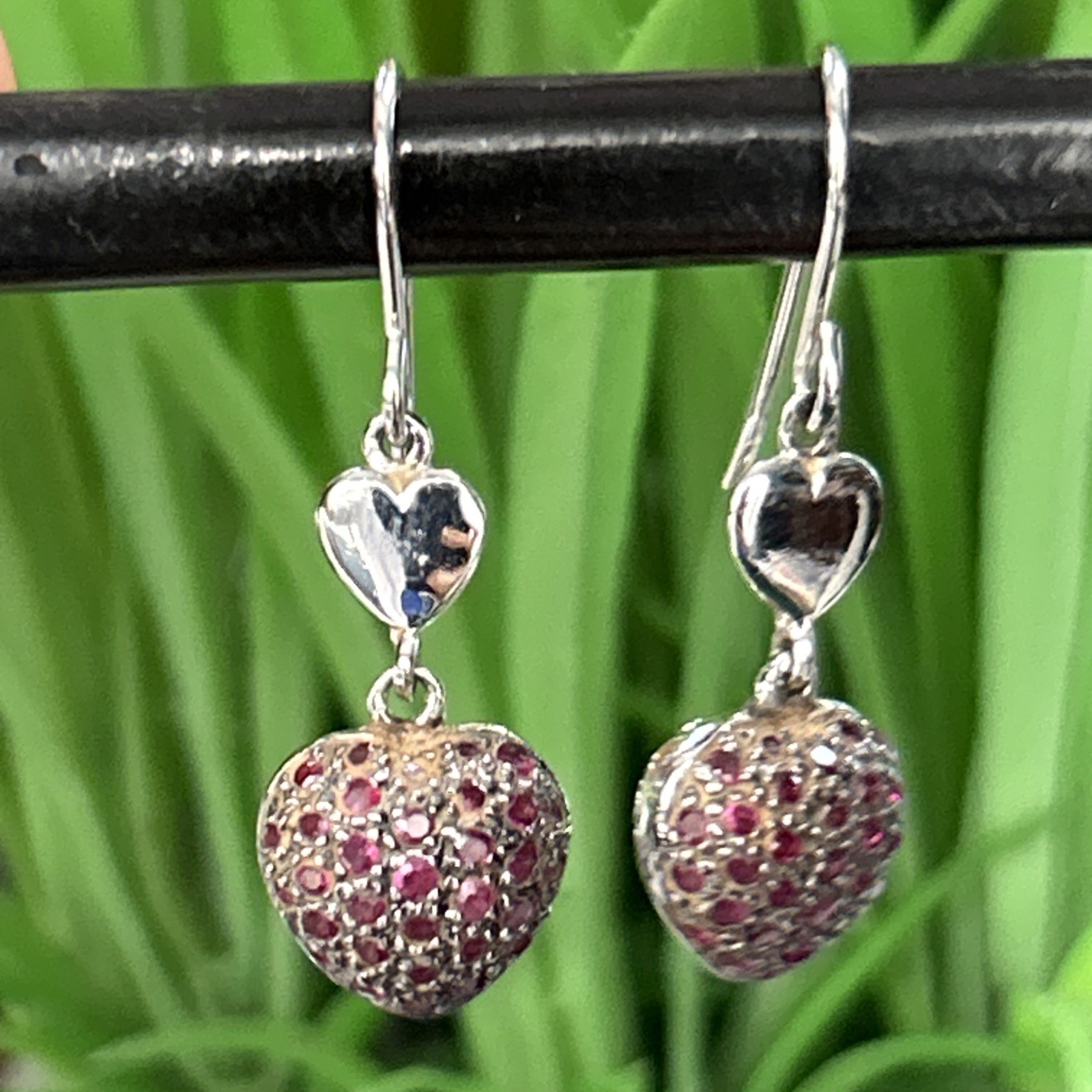 VTG OTC 925 Sterling Silver lab created Ruby Puffy Heart Pave Earrings 1.25” 4g