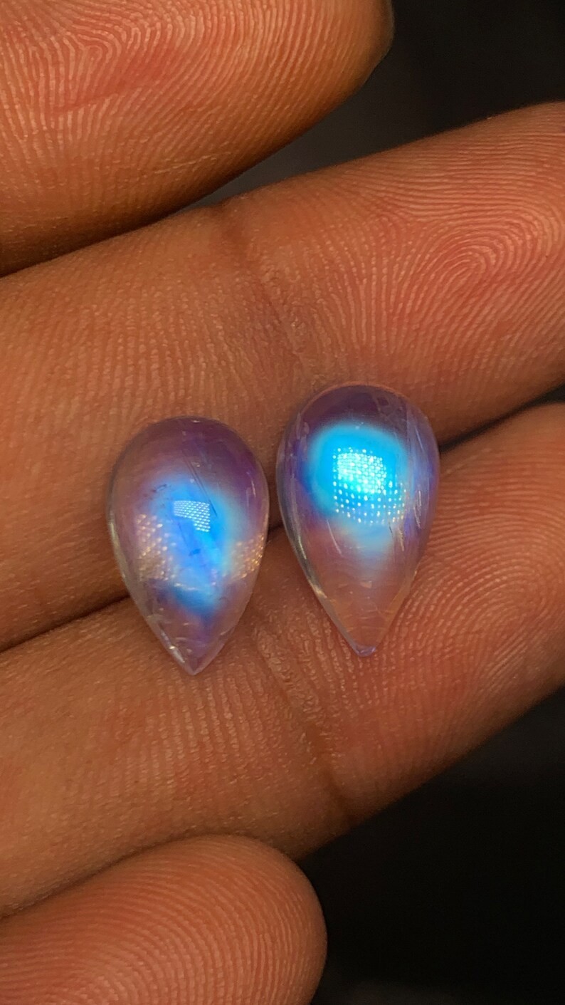AAAAAA Quality Rainbow Moonstone Blue Fire Pear Shape Cabochon Size 9.5×14-9X15