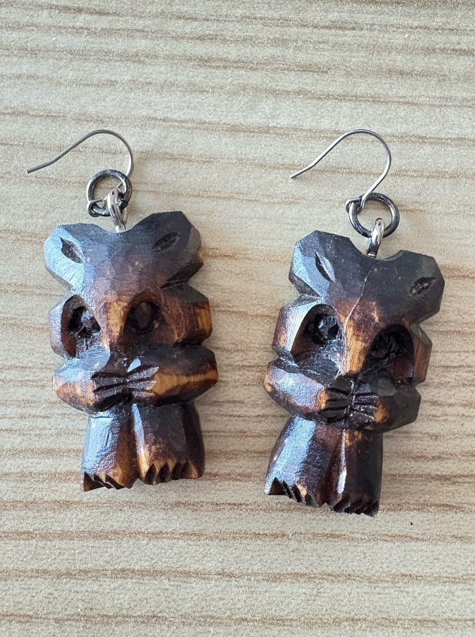 HOKKAIDO Brown Bear EARRING Wood Silver Metal Hook Pierce No Back Japan Souvenir