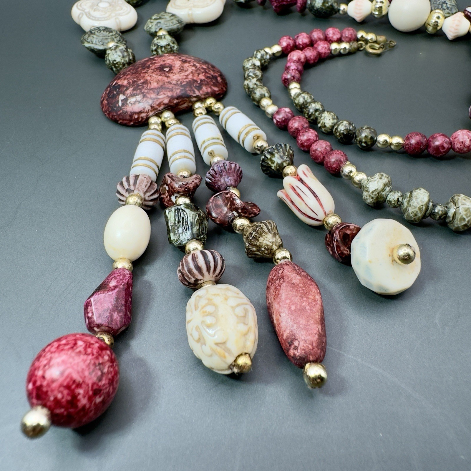 Vintage Artisan Mixed Bead Necklace Russia Market 32in With 4in Tassel Drop