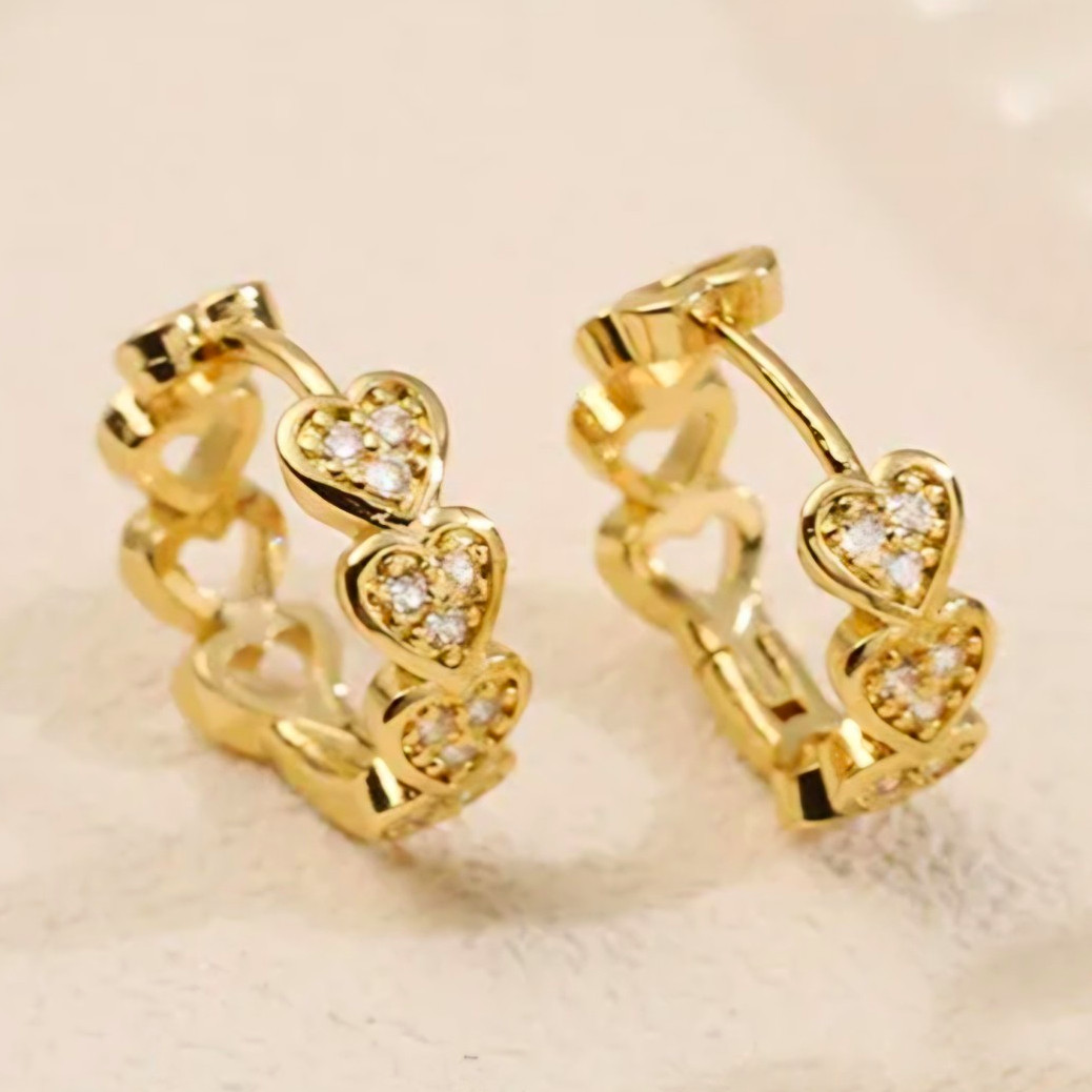 Gold Tone Heart Pavé Rhinestone Huggie Hoop Earrings Hinged 14.7mm Lobe
