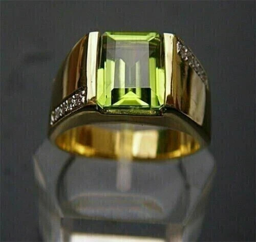 3.20Ct Emerald Cut Peridot Engagement Men’s Ring 14K Yellow Gold Plated