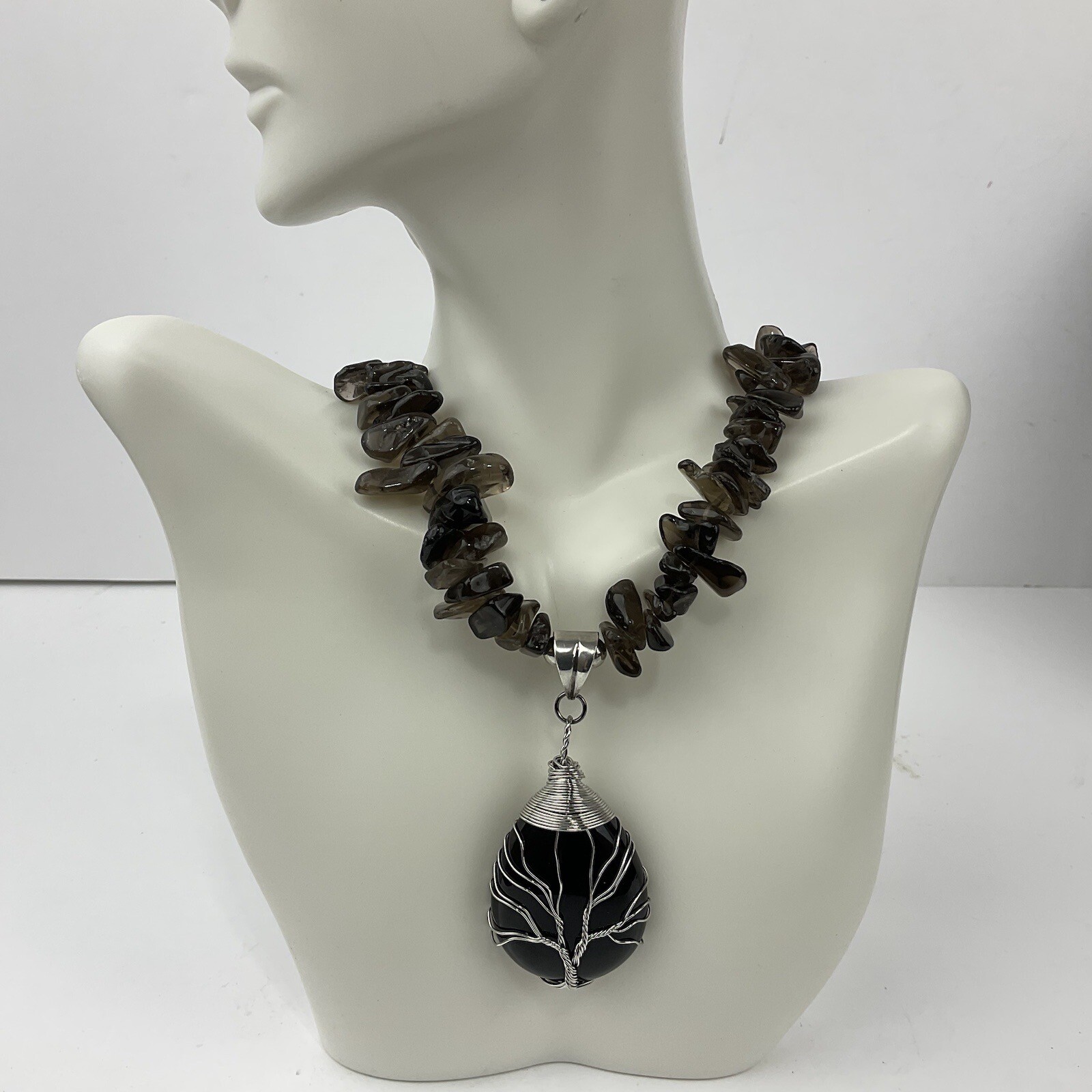 Artisan Obsidian Tree of Life Sterling Wrapped Pendant Smokey Quartz Necklace