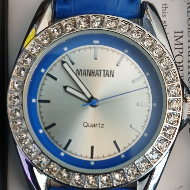 CROTON MANHATTAN Quartz Wristwatch Silver Case Gem-Set Bezel Blue Leather Strap