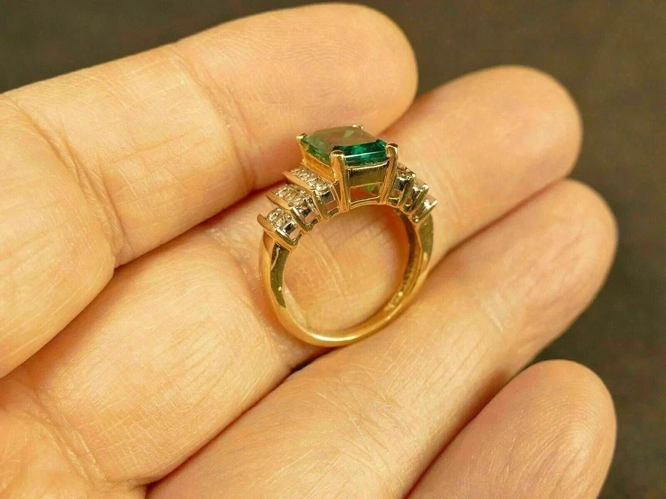Natural Emerald & Diamond Wedding Gift Ring 14k Yellow Gold Size 7(Import Free)