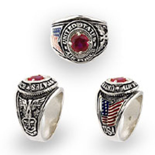 925 Silver July Ruby Color Birthstone US Military Air Force Men Ring Size 8-13