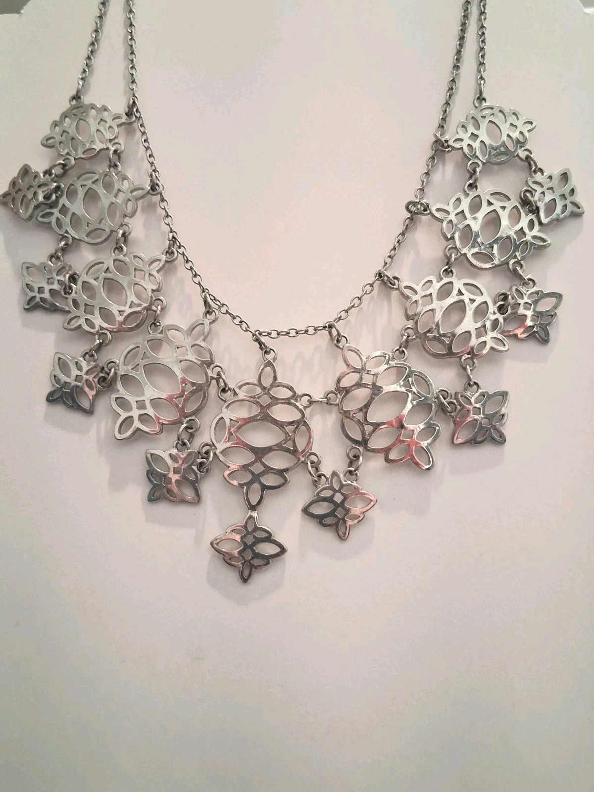 Silver Tone Floral Cutout Bib Statement Necklace, Metal Cable Chain