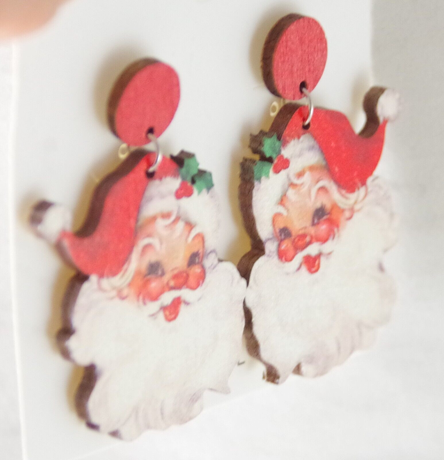 2″ NEW VINTAGE-LOOK RED SANTA CLAUS WOODEN CHRISTMAS DROP DANGLE EARRINGS
