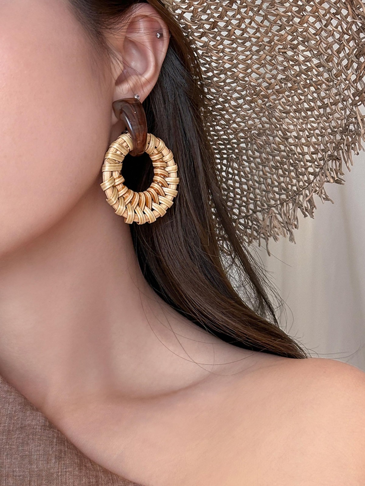 Handmade Rattan Round Drop Dangle Earrings for Women, Lightweight Summer Beach W