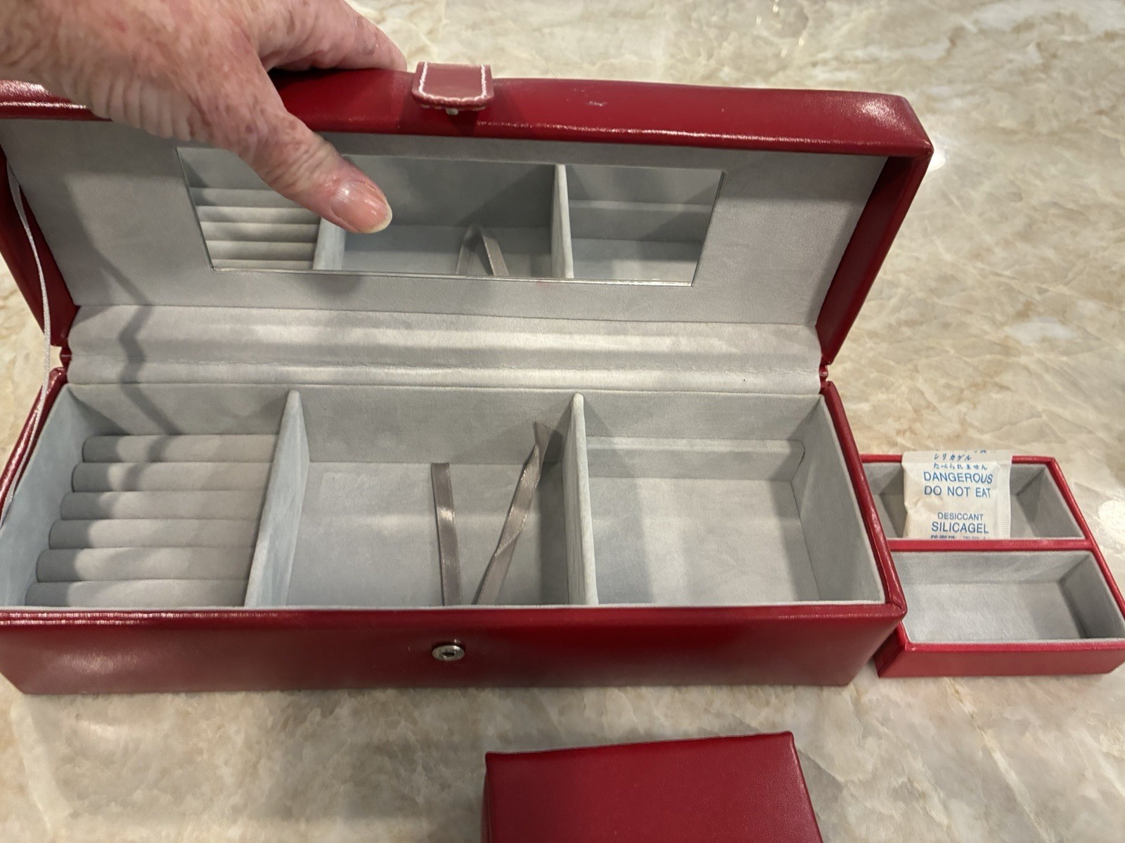 Red Faux Leather Jewelry Box 11″ 3 Piece Fabric Lined Travel Multi Compartment