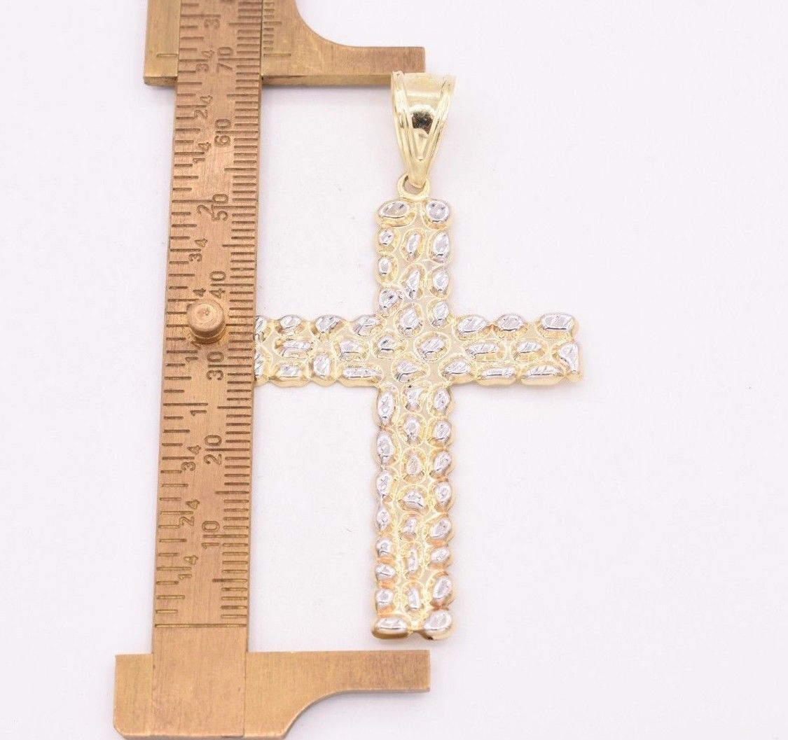 2 3/4″ Big Nugget Textured Cross Pendant Charm Real 10K Yellow White Gold
