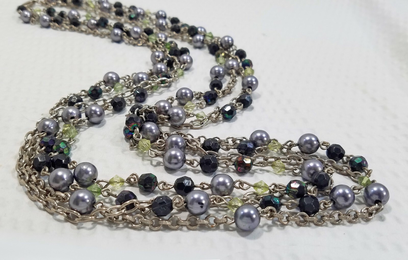 Vintage Black Frosted Gray and Green Beaded Rosary Style Multi Strand Necklace