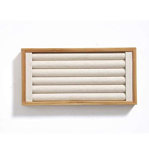 Bamboo Ring Display Holder Jewelry Storage Tray Organizer Ring Beige Velvet