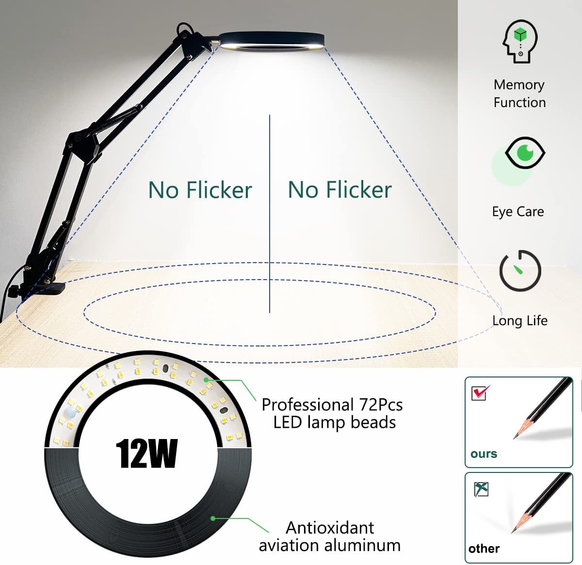 10X Magnifying Glass Desk Light Magnifier LED Lamp Reading Lamp With Base&Clamp