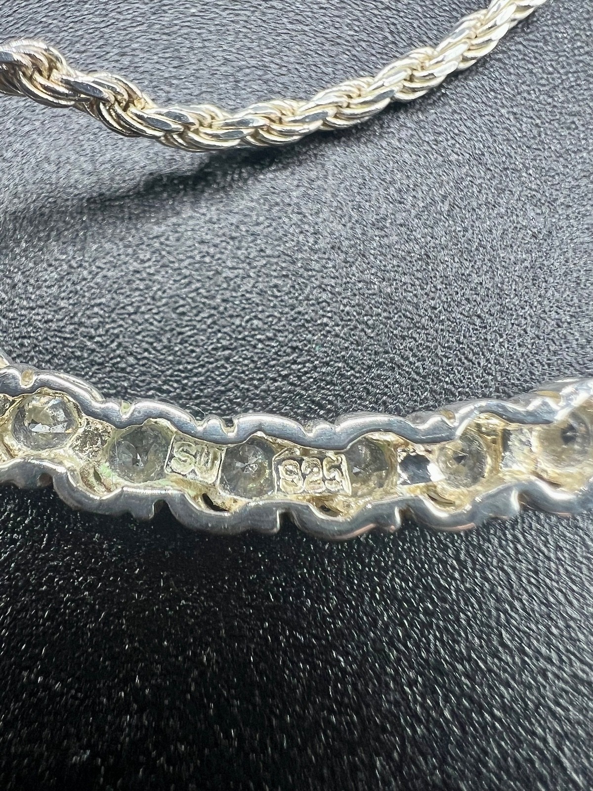 17″ SU Signed 925 Sterling Silver CZ Curved Bar Rope Chain Necklace 7.68g
