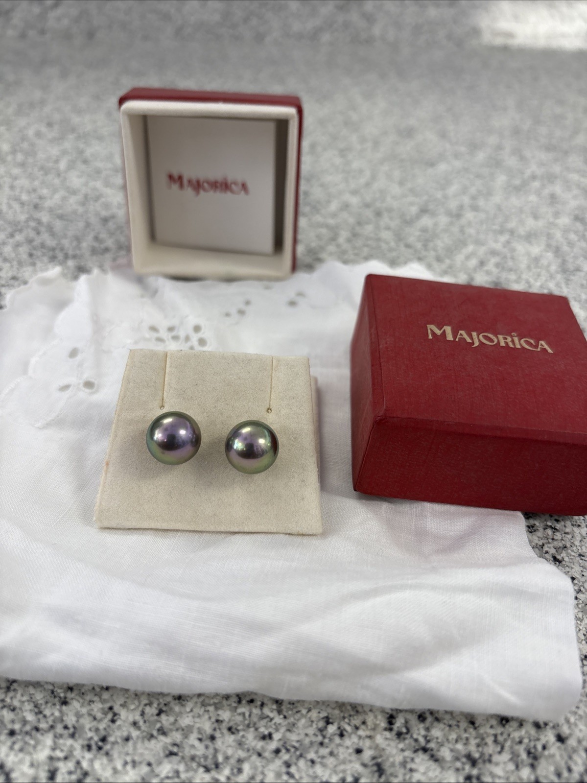 Vintage MAJORICA Sterling Silver Vermeil Gray Pearl Stud Earrings W/Original Box