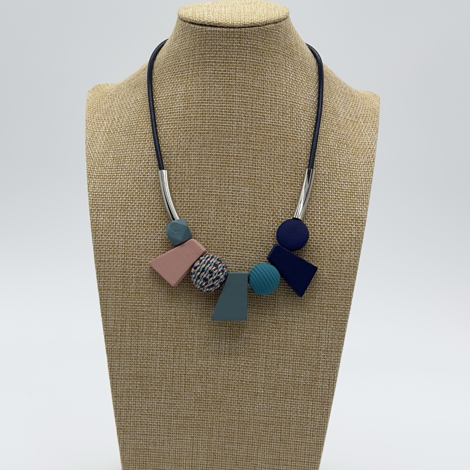 Geometric Beaded Necklace With Navy Teal & Dusty Rose Beads