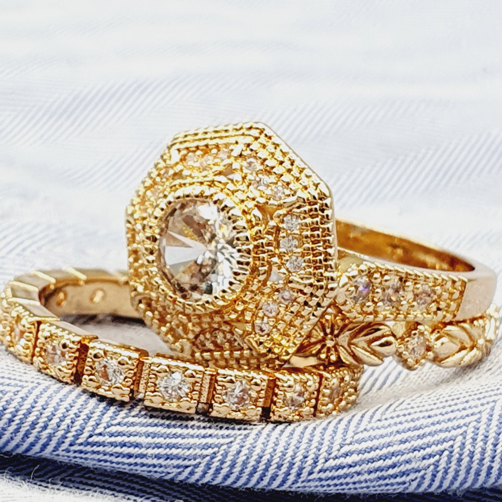 Gold Plated Geometric Vintage Ring Set 2Ct CZ Wedding Trio Set Couple Gifts Band