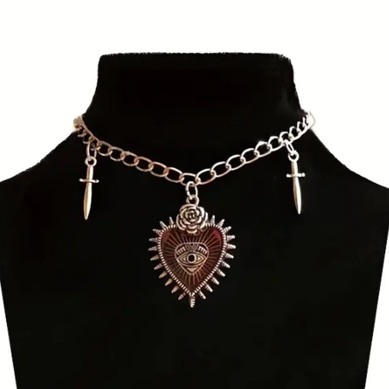 Vintage Gothic Heart Necklace, Punk Devil Eye Sword Pattern Pendant Necklace