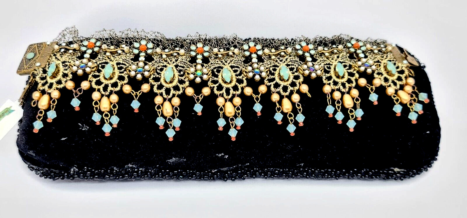 Lovely Michal Negrin Fabric Lace Bracelet Crystal Flowers Unique.
