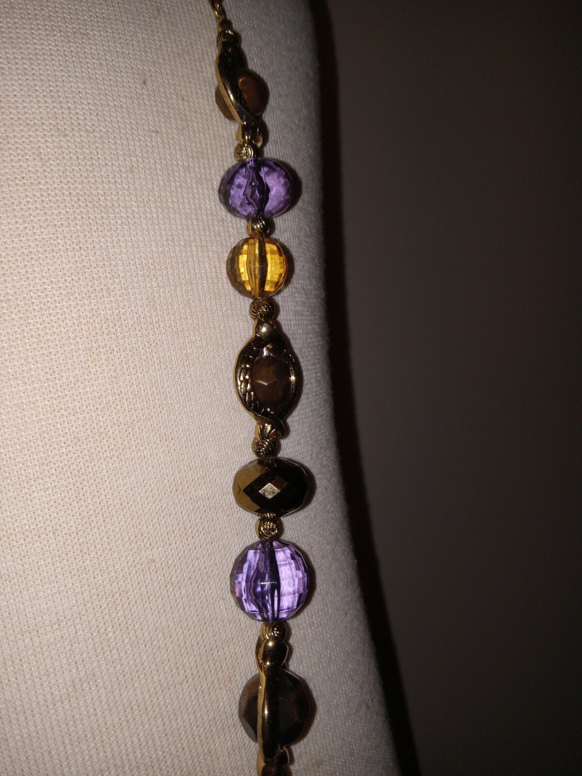 Multicolor Glass Bead Necklace 38″ Long Purple Amber Brown Gold Tone Chain Wrap