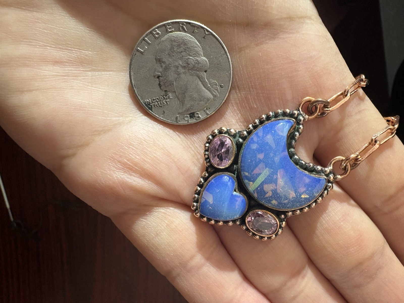 Copper Chain Necklace With Blue Crescent Moon Heart Doublet Opal & Cz Pendant
