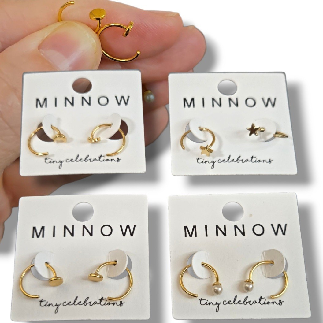 Open Huggie Hoop Earrings Threader Pull Through Ear hugger Gold plate 4 Pairs