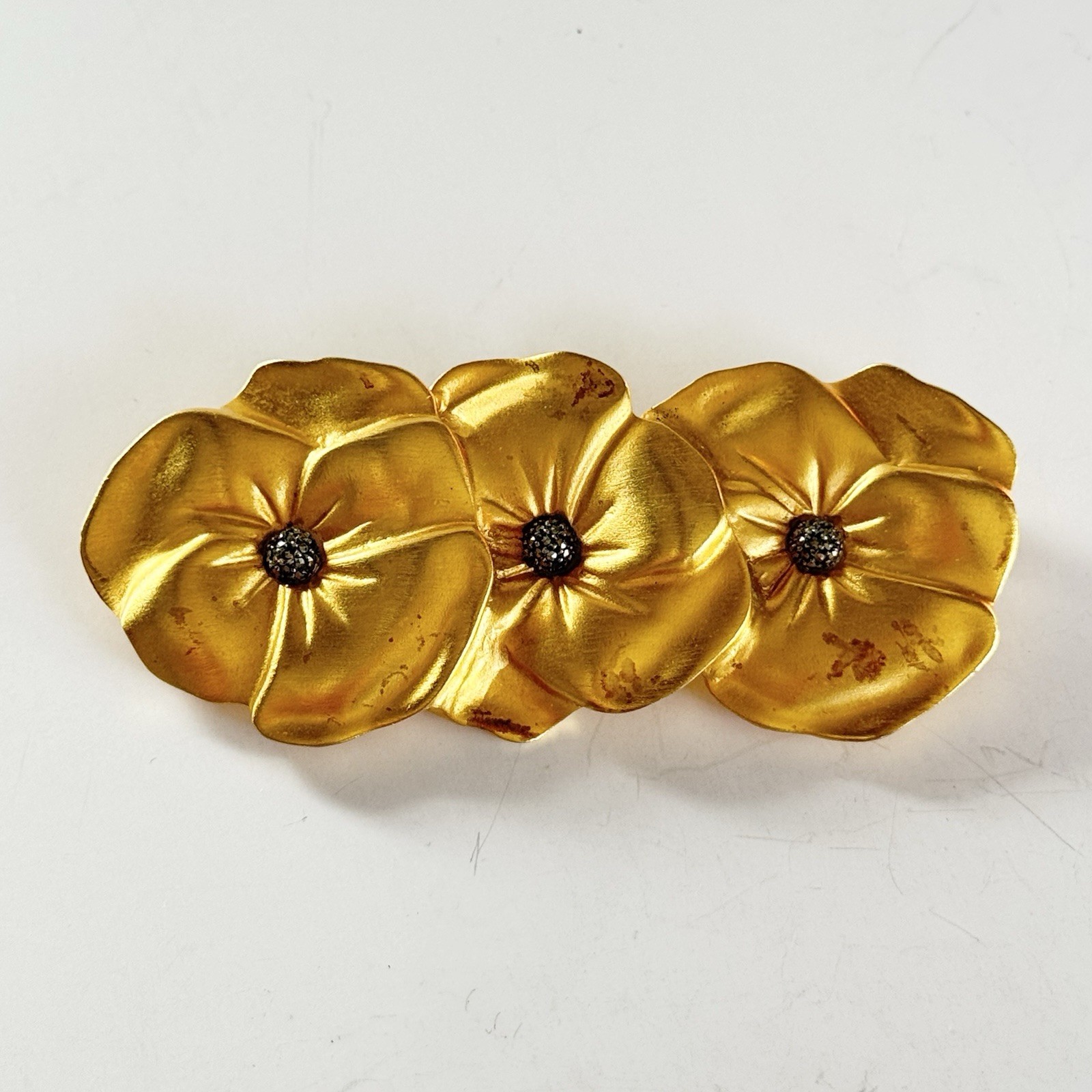 Vintage Judith Jack 80s/90s Satin Brushed Gold Tone Trio Pansy Flower Brooch HTF
