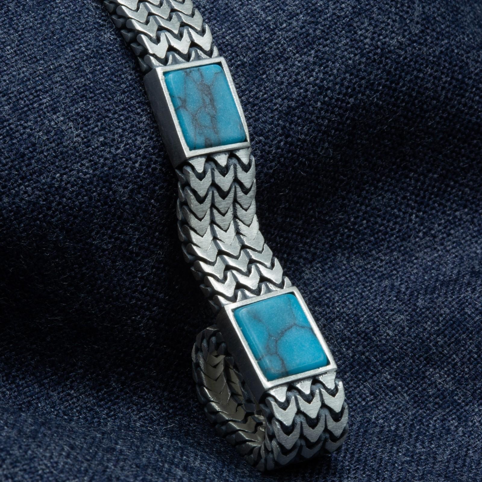 925 Men’s 925 Sterling Silver Foxtail Curb Chain Turquoise Gemstone Bracelet
