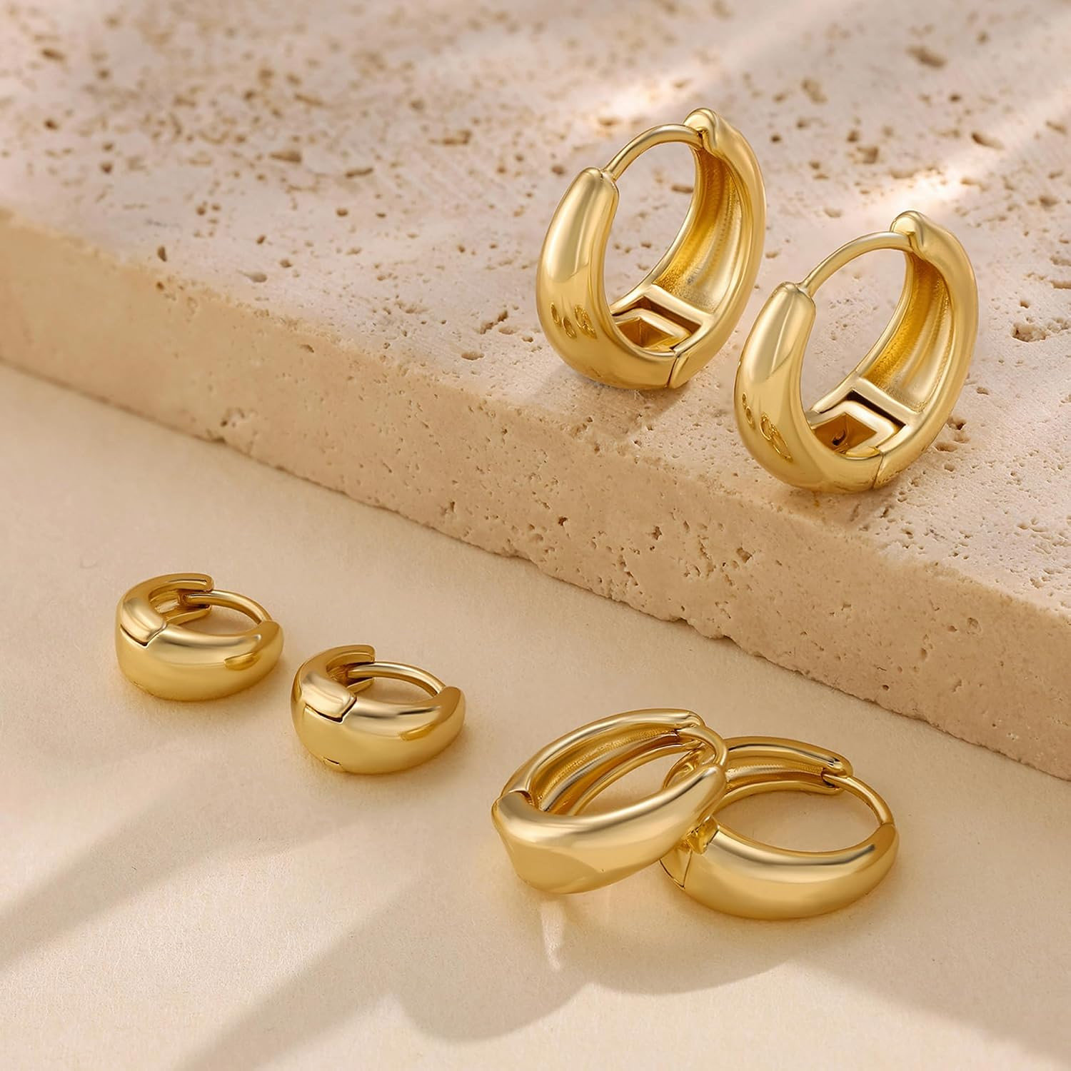 3Pairs Gold Hoop Earrings for Women Trendy, 14K Gold Plated Hoops Huggie Earring