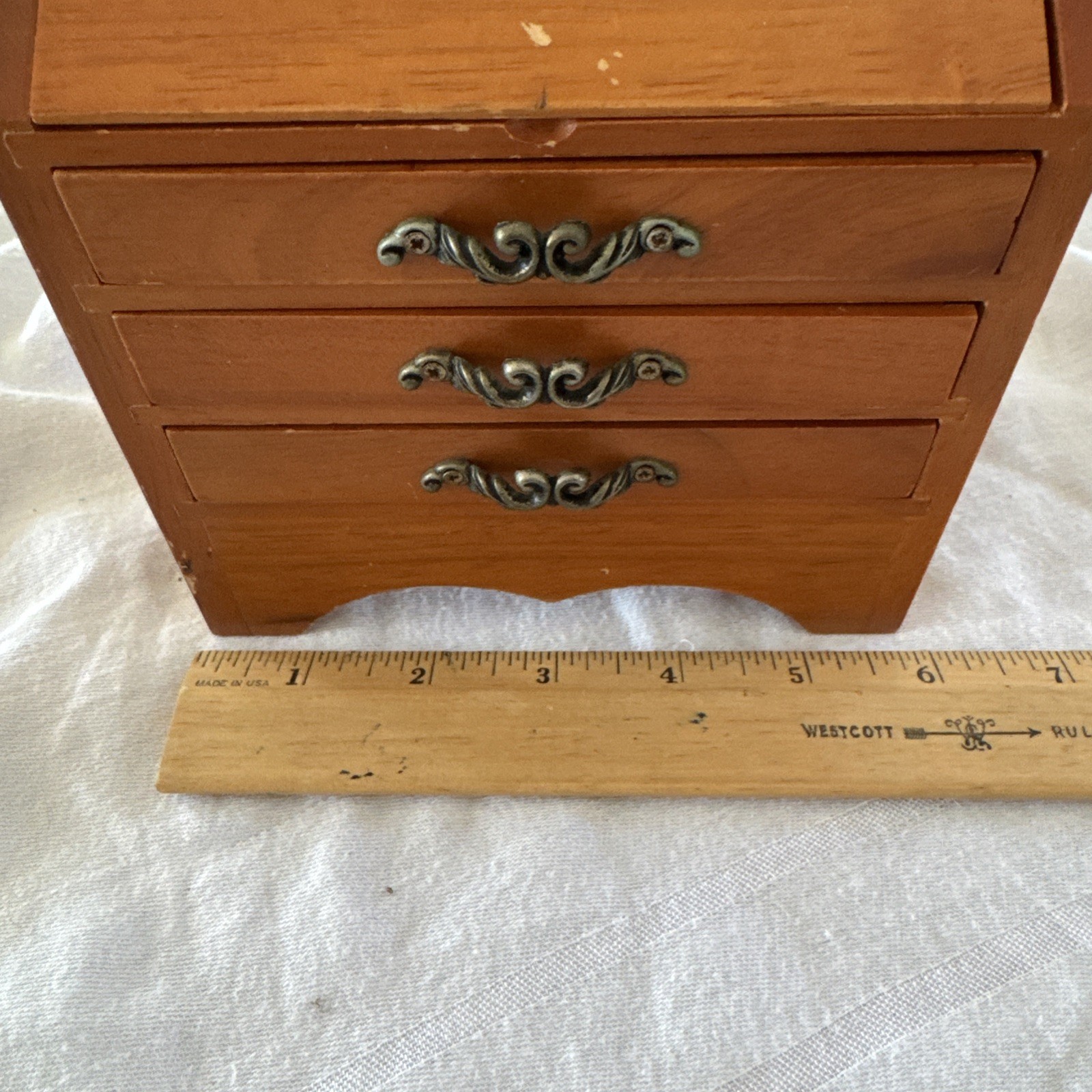 Small Wood Jewelry Box Tilting Mirror 3 Drawer Vanity Organizer Photo Holder 6”