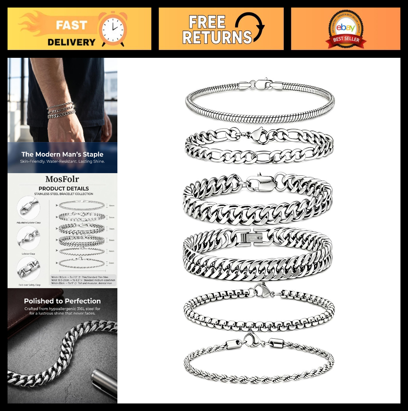 6 Pcs Men’s Bracelets Set – Stainless Steel Cuban Link, Figaro, Rope Jewelry 7.5