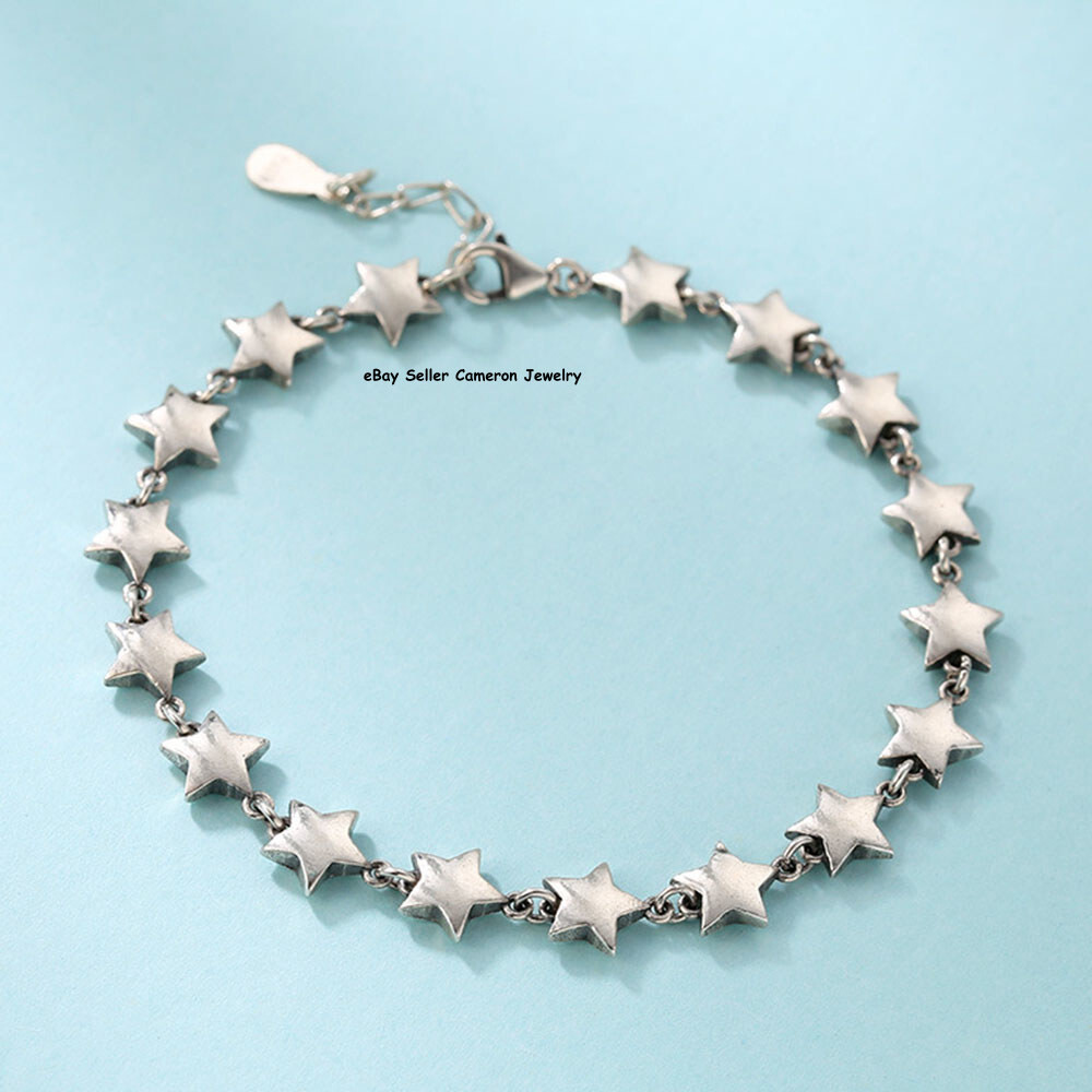 Pure S925 Sterling Silver Chain 7mm Five Star Link Bracelet 10-11g 6.7-7.5inch