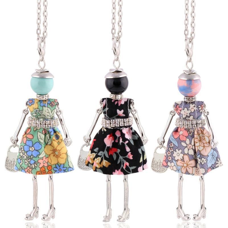 Big Pendant Fashion Lady Doll Necklace Charm Jewelry Long Chain Rhinestone Women