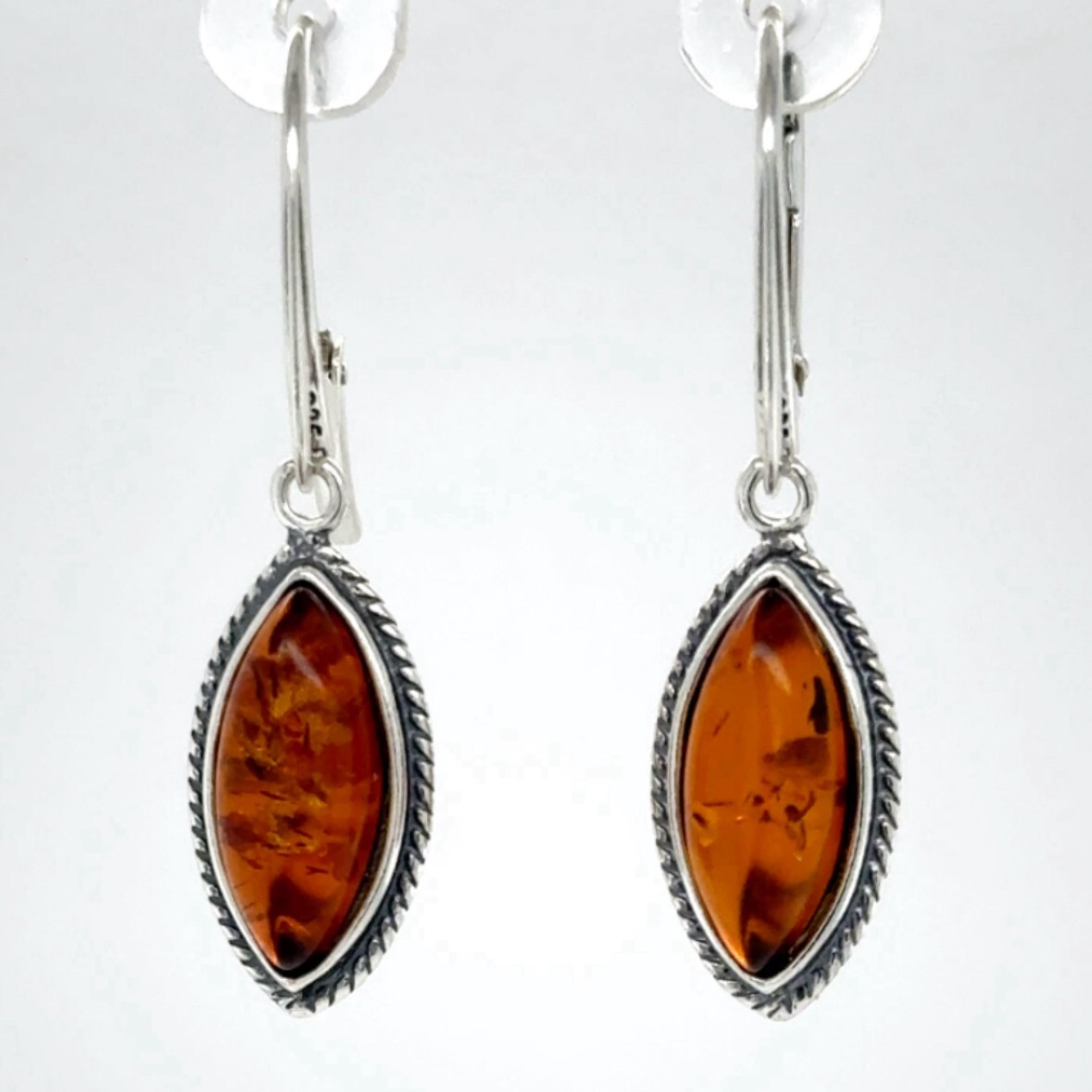 Cognac / Brown BALTIC AMBER Oval Leveback Earrings 925 STERLING SILVER #1591e