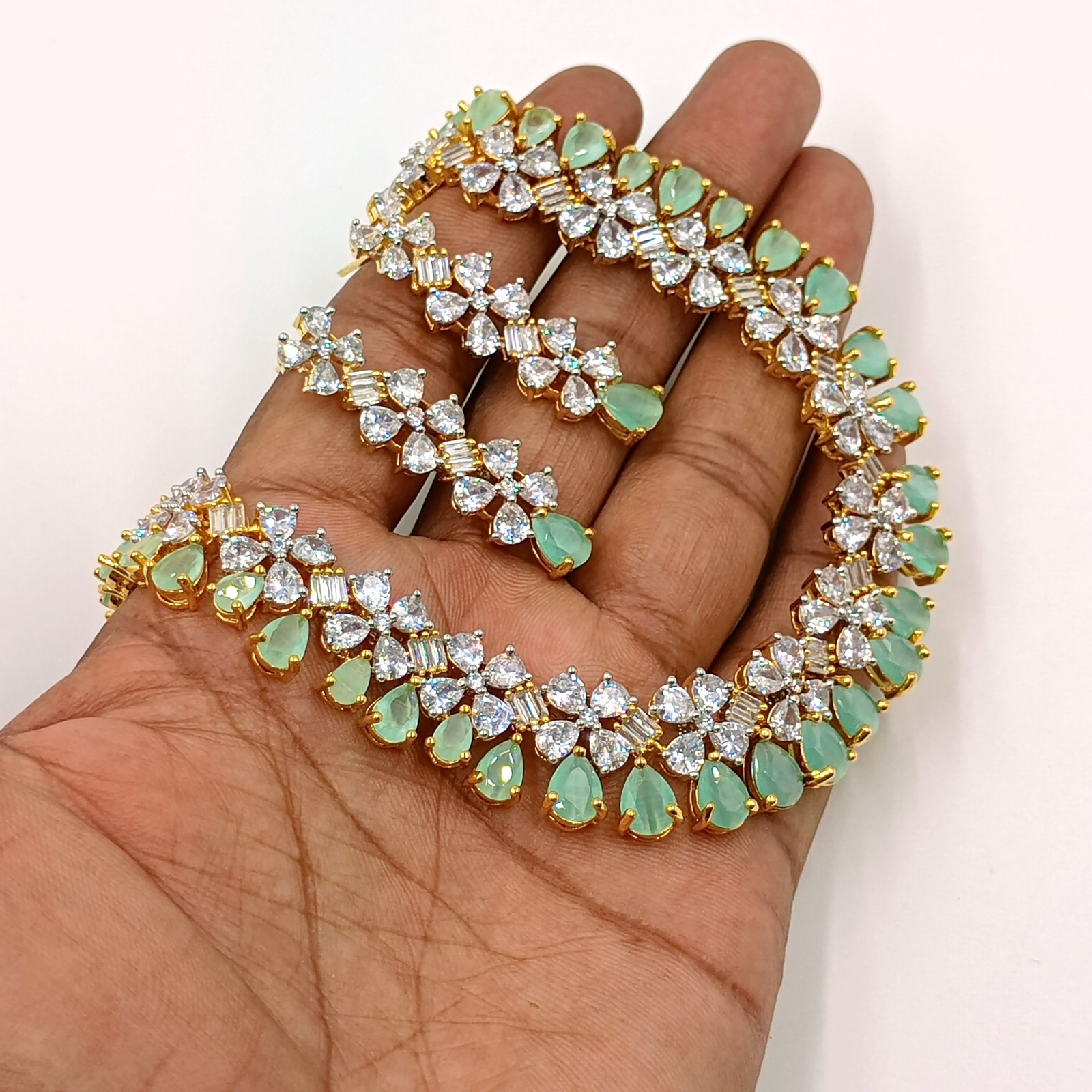 Designer Chalcedony CZ Diamond Gold Plated Necklace Set Bridal Jewelry For Women