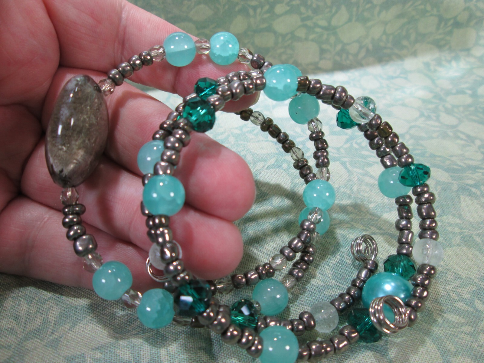 Handmade Various Glass Bead Memory Wire Wrap Bracelets Lot of 2 / Aqua Gray Teal