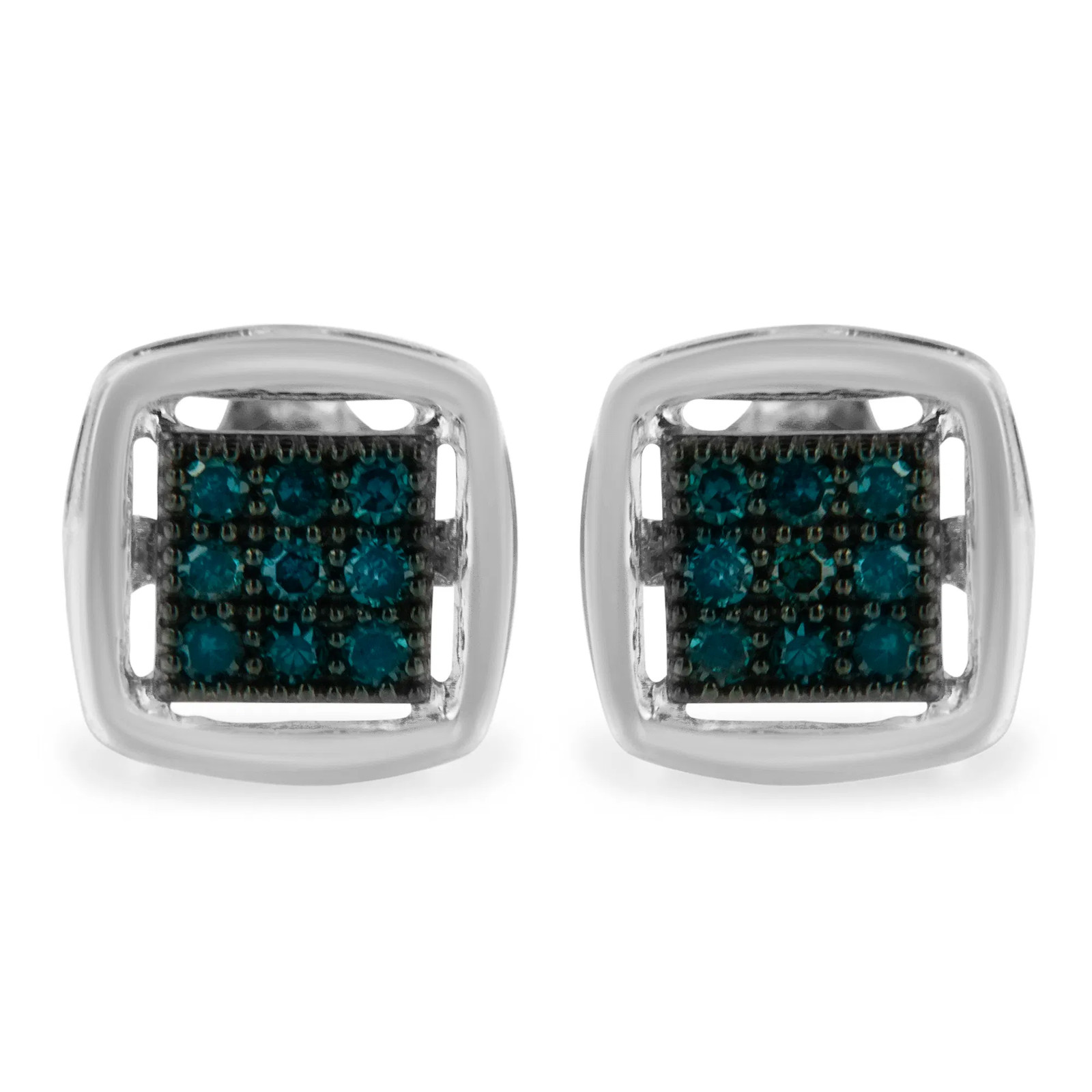 Sterling Silver Rose Cut Treated Blue Diamond Square Stud Earring (0.25 cttw, Bl