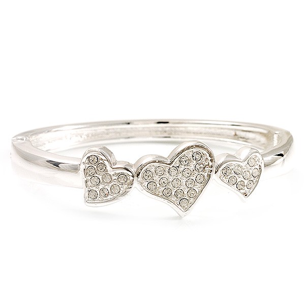 Rhodium Plated Diamante Heart Hinged Bangle Bracelet