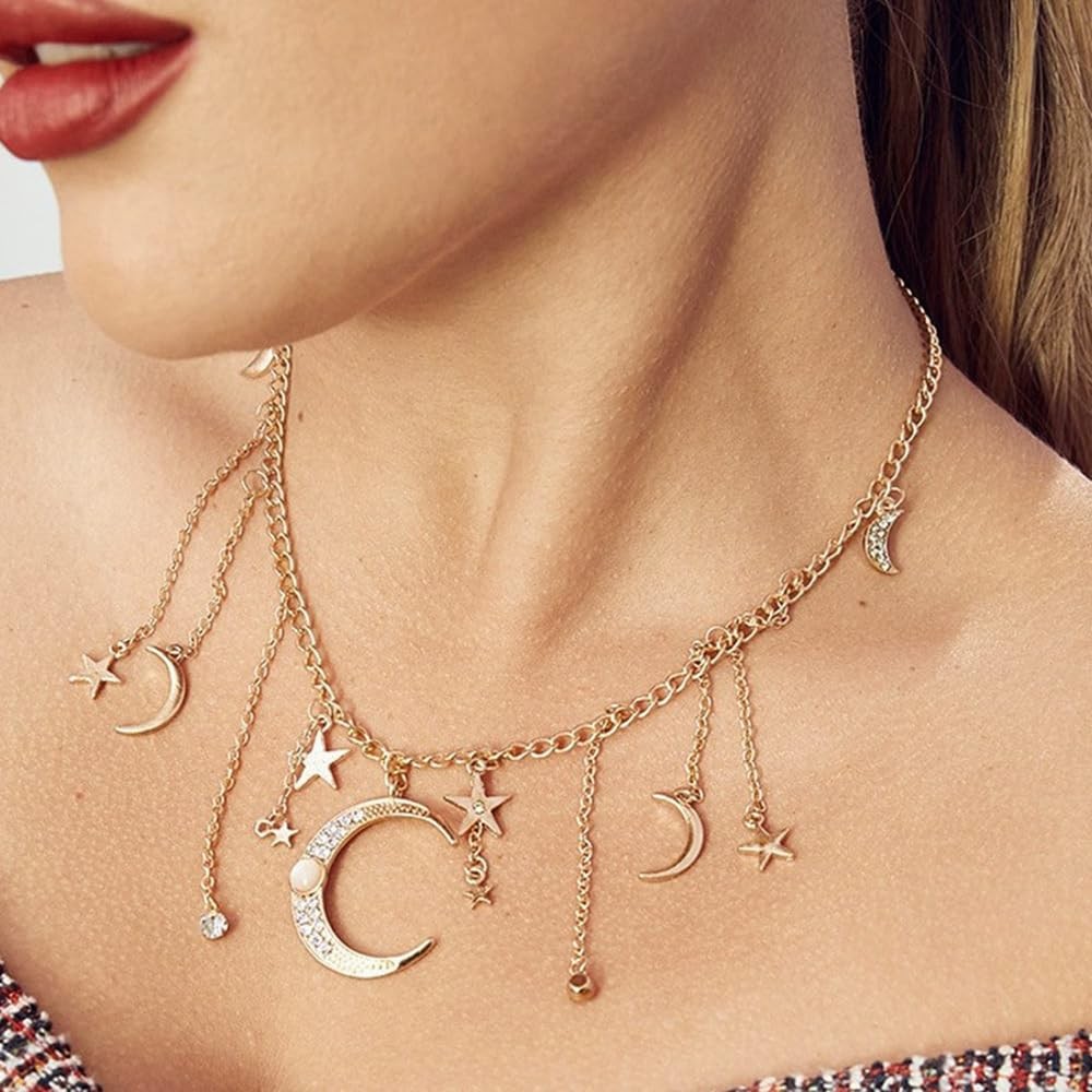 Moon Stars Tassel Pendant Necklaces Big Moon Clavicle Necklace Star Tassel Co…