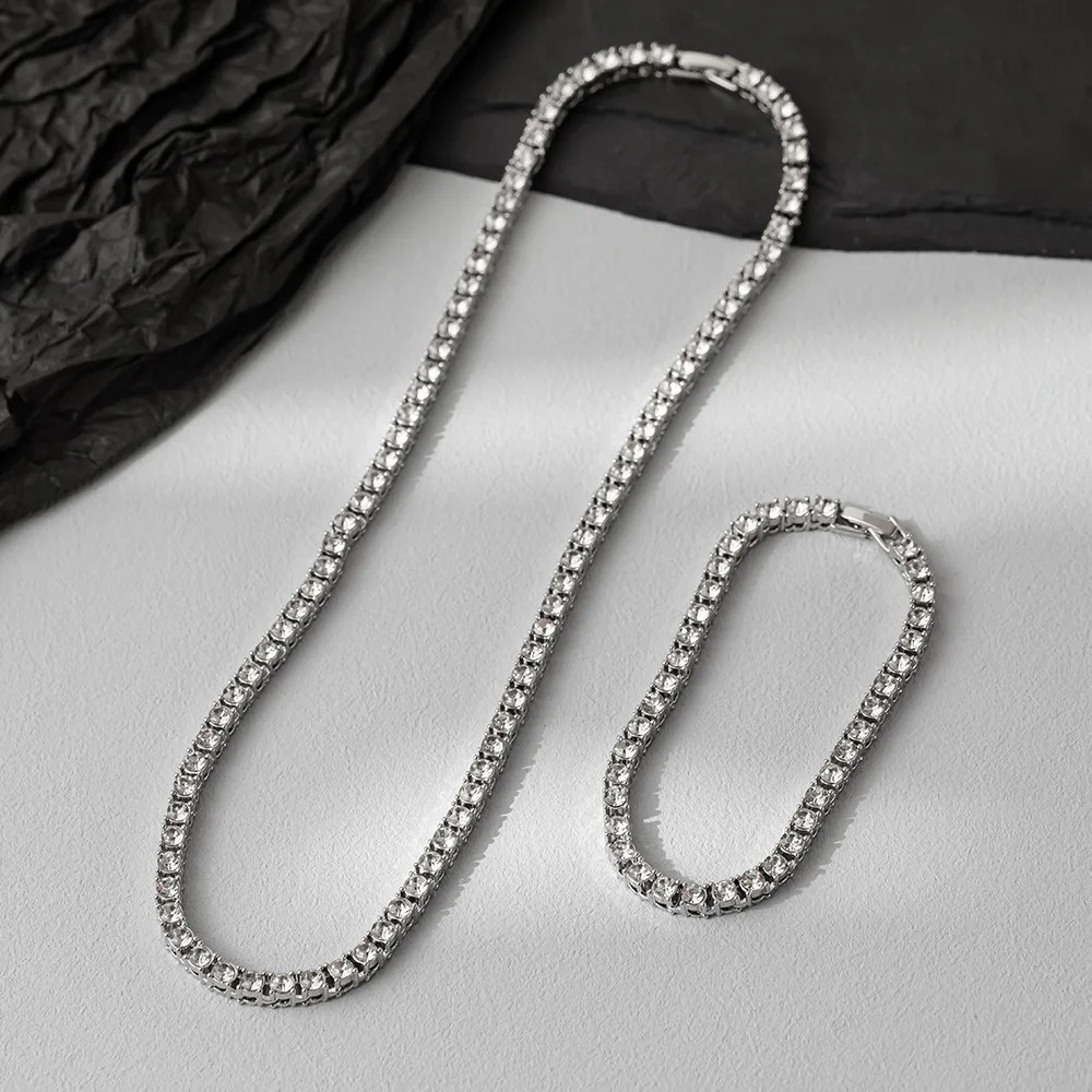 Tennis Chain Necklace Men Iced Out 5mm Silver Tone Jewelry