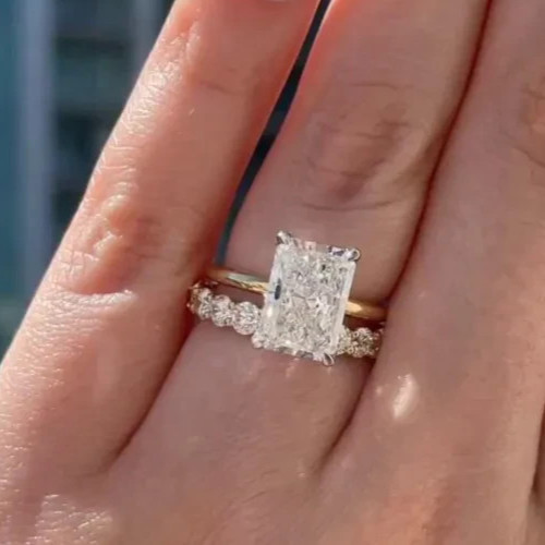 4.10Ct Radiant-Cut Lab Grown Diamond Solitaire Bridal Set Ring 14K Yellow Gold