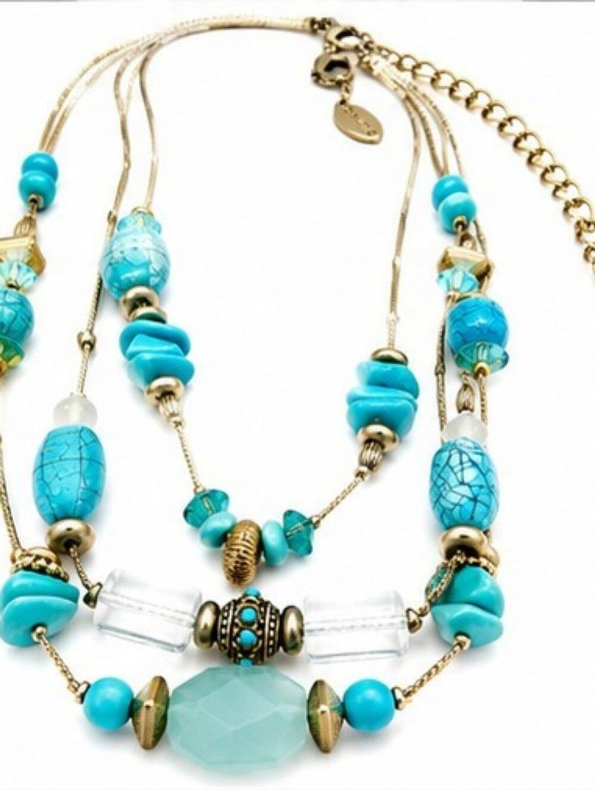 Chico’s Turquoise Layered Statement Necklace Boho Southwestern Gold Tone