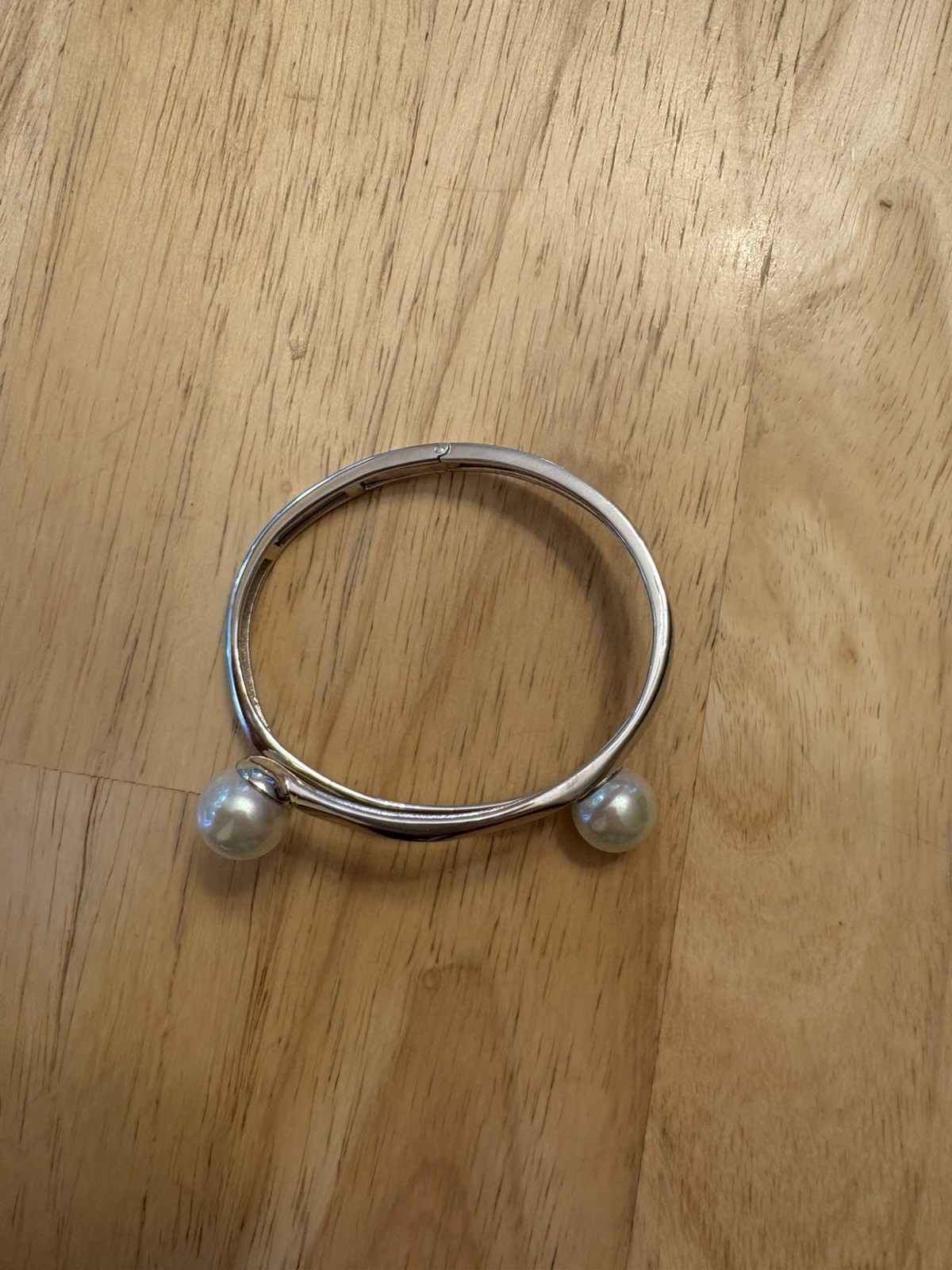 Majorica Sterling Silver Imitation Pearl Hinged Bypass Bangle Bracelet