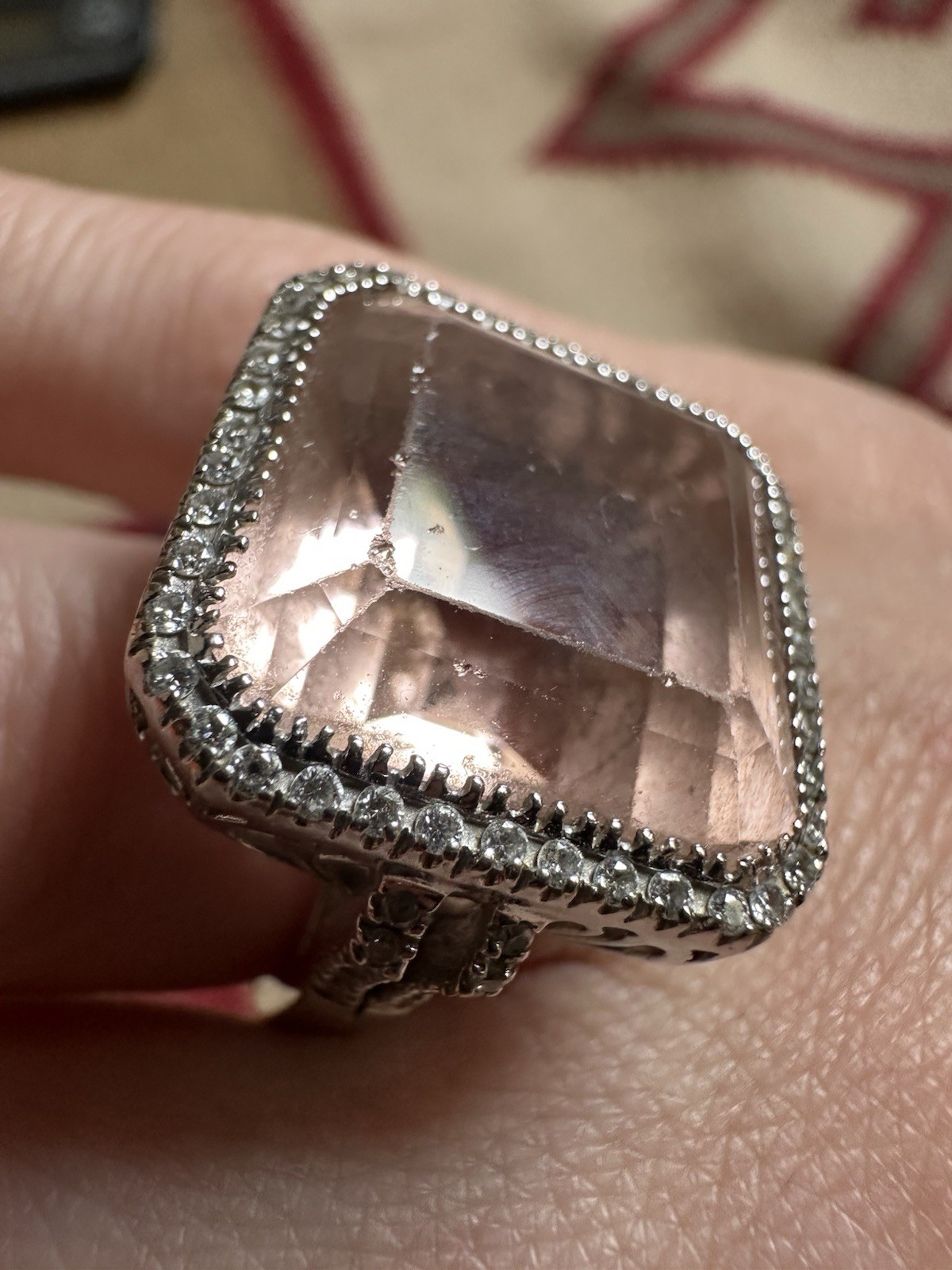Vintage Estate 18k White Gold Pink Topaz And Diamond Cocktail Ring 4.5
